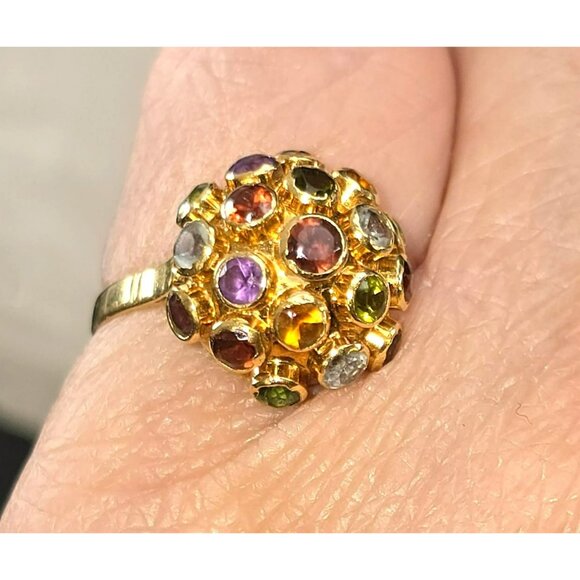 Vintage 18kt Yellow Gold Sputnik Multicolor Gemstone Cluster Ring Size 5.5 HS179 - Picture 4 of 16